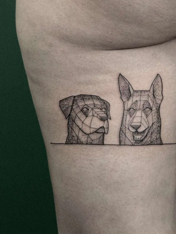 black and grey geometric tattoo on thigh #21075 | Tattoo Artist Sven Rayen