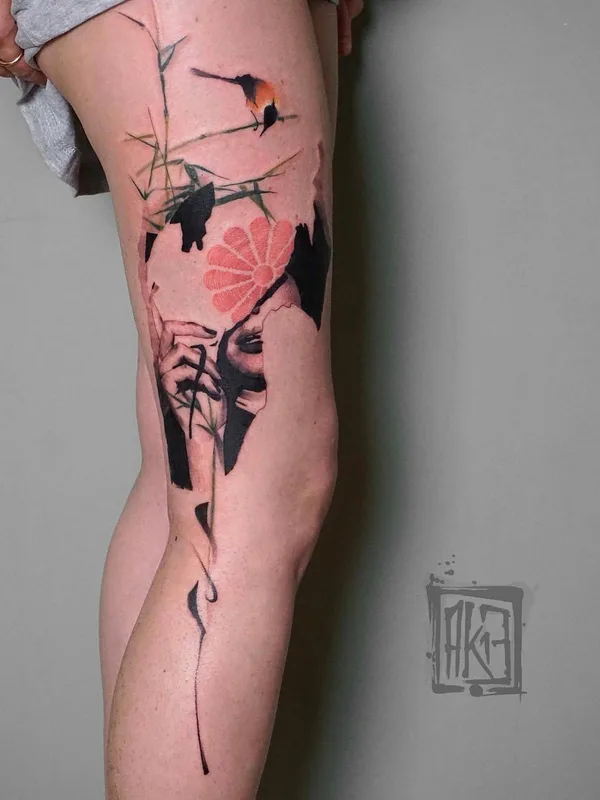 female color illustrative tattoo auf thigh #26783 | Tätowierer Artem Korobov