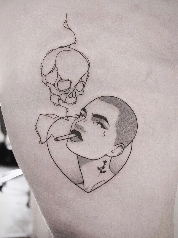 female black and grey linework tattoo auf thigh #21590 | Tätowierer Brendon Welfare Dentist