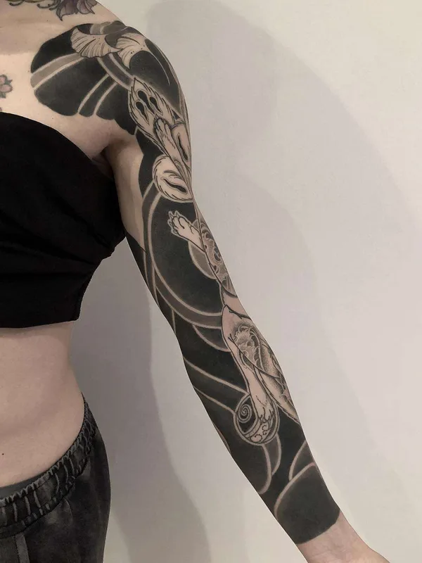 female black blackwork tattoo on full sleeve #22624 | Tattoo Artist Lupo HoriOkami