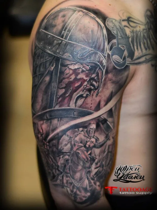 male black and grey realism tattoo on full sleeve #23390 | Tattoo Artist Юрец Удалец