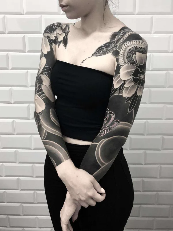 female black and grey japanese tattoo on full sleeve #22625 | Tattoo Artist Lupo HoriOkami