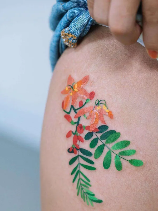 female color botanic tattoo on thigh #21559 | Tattoo Artist Zihee