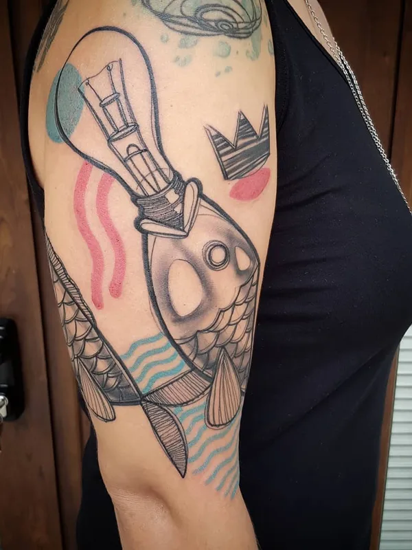 female black and grey illustrative tattoo on upper arm #23080 | Tattoo Artist Matteo Cascetti