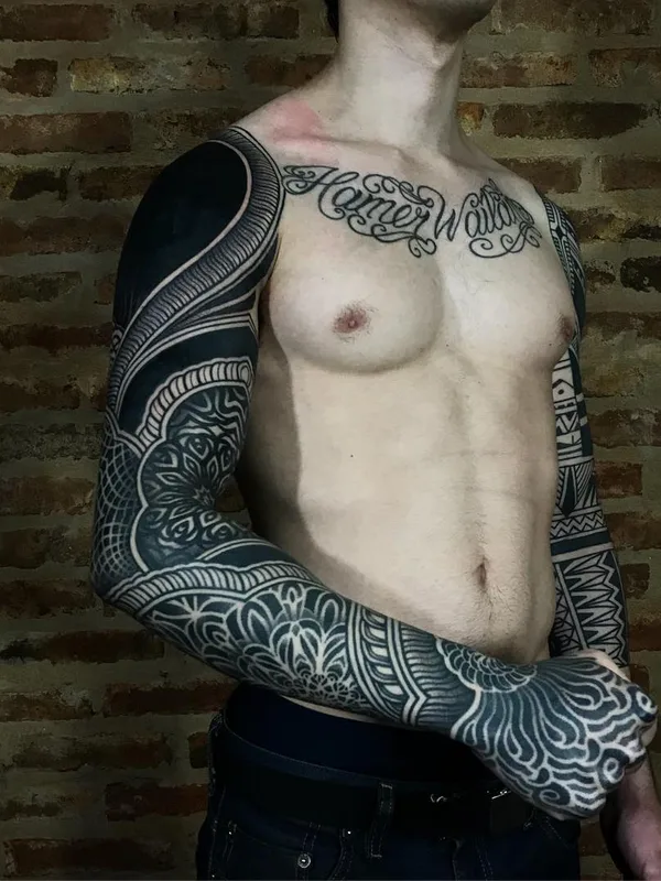 male black blackwork tatouage sur full sleeve #26289 | Artiste tatoueur Сharly Saconi