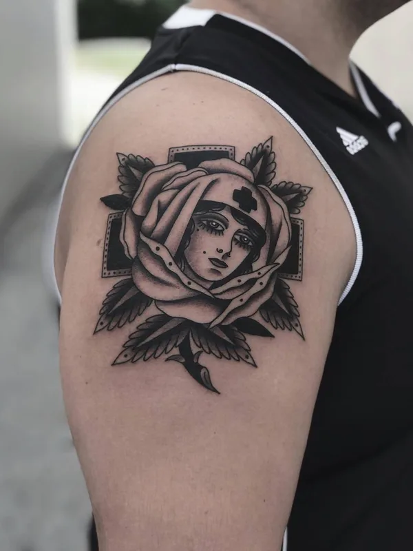 black and grey neo traditional tattoo on shoulder #23579 | Tattoo Artist Javier Betancourt