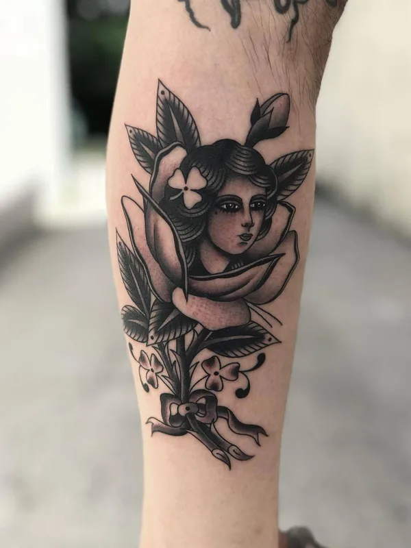 black and grey traditional tattoo on calf #23580 | Tattoo Artist Javier Betancourt
