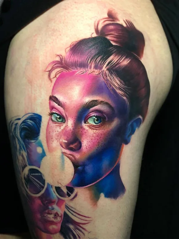 female color realism tattoo auf thigh #24629 | Tätowierer Kirsten Pettitt