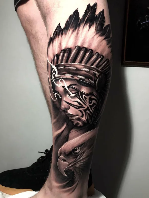 black and grey realism tatouage sur calf #23328 | Artiste tatoueur Samurai Standoff