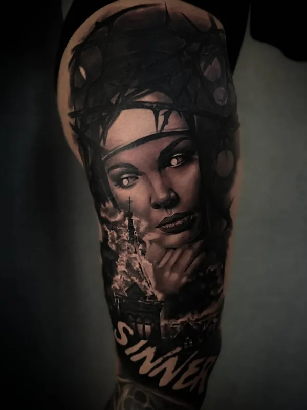 female black and grey realism tattoo on thigh #26053 | Tattoo Artist Nick Imms