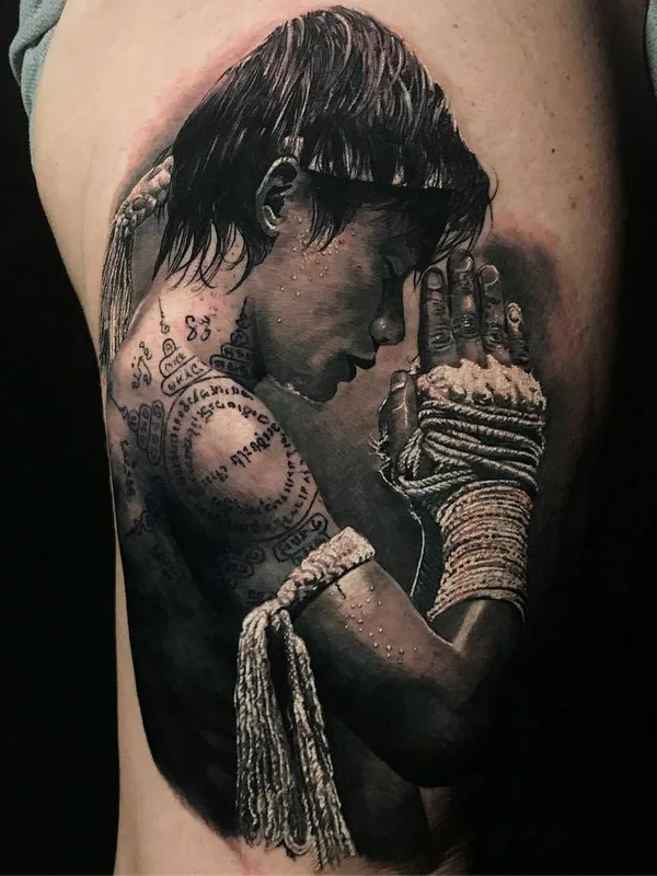 black and grey realism tattoo on thigh #25150 | Tattoo Artist Chris Mata'afa