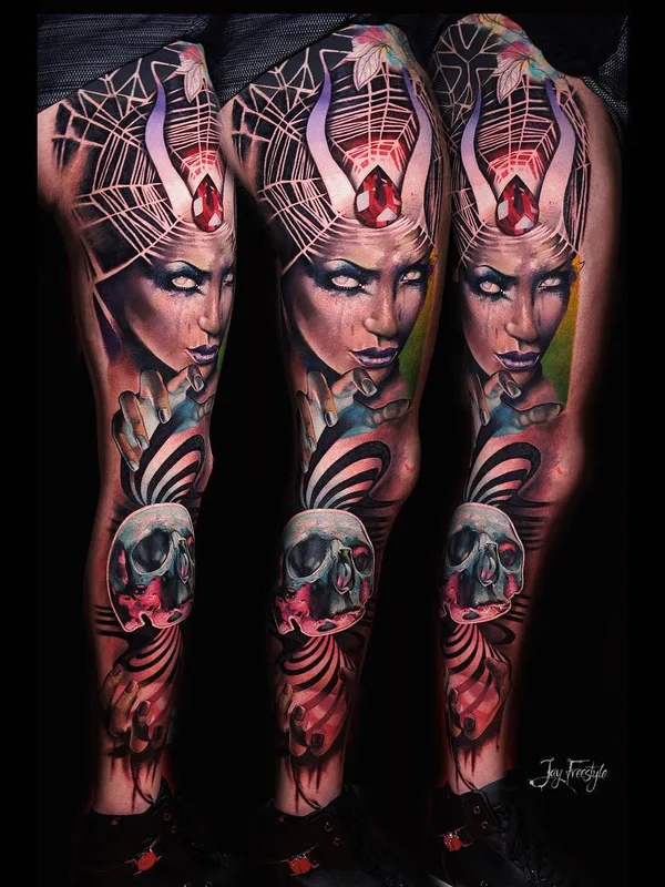 female color realism tatouage sur full leg #27015 | Artiste tatoueur Jay Freestyle