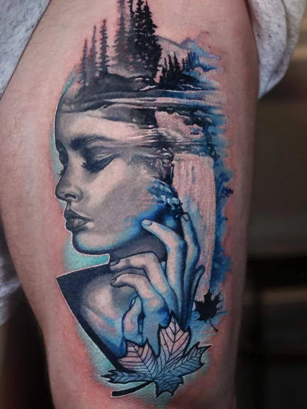 female color realism tatuaje en thigh #26459 | Tatuador Michael Cloutier