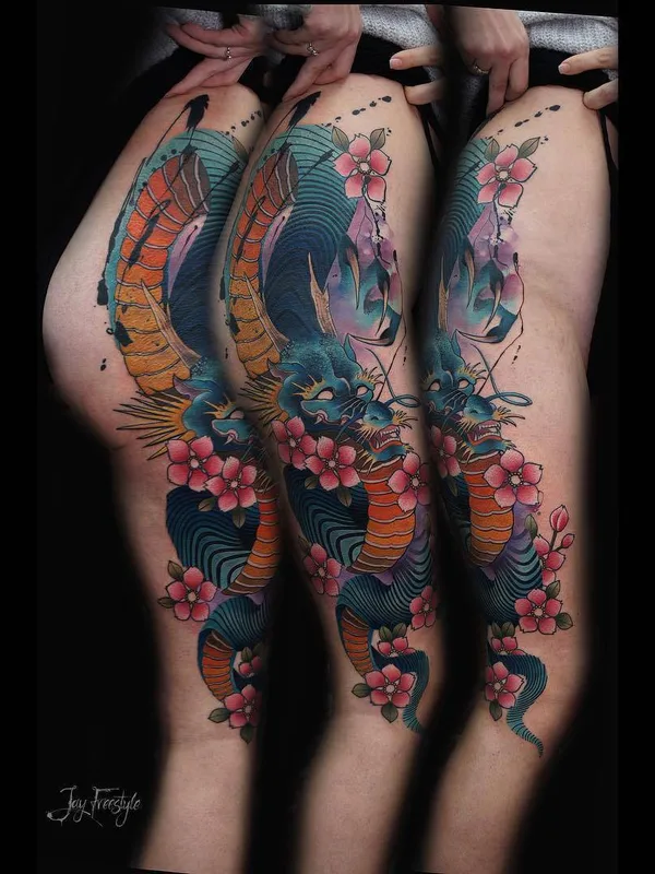 female color japanese tatouage sur thigh #27012 | Artiste tatoueur Jay Freestyle