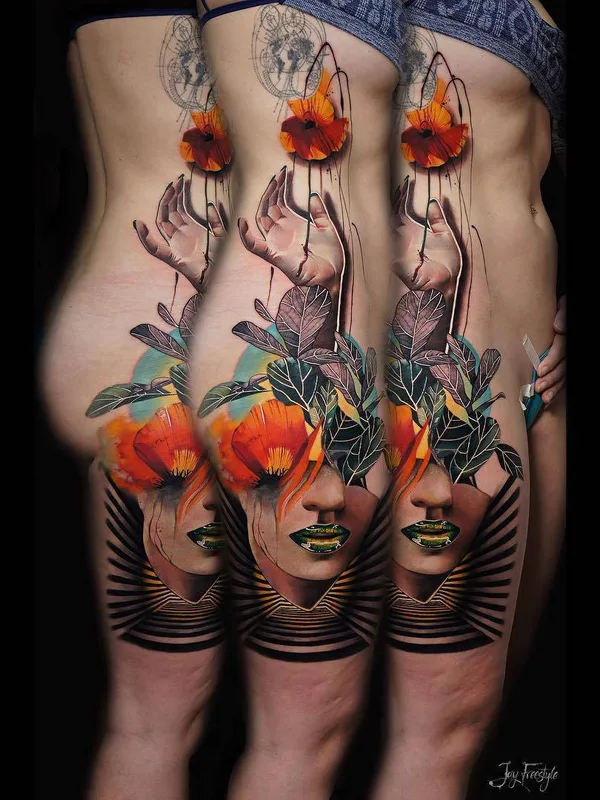 female color illustrative tatouage sur thigh #27010 | Artiste tatoueur Jay Freestyle