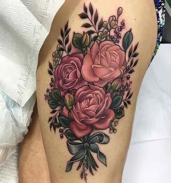female color illustrative tattoo on thigh #318 | Tattoo Artist Makkala Rose