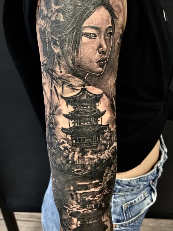 black and grey japanese татуировка на full sleeve #75671 | Тату мастер ERIC M.