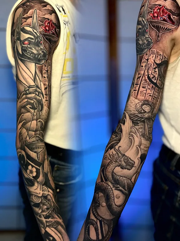male black and grey black and grey tattoo on full sleeve #75679 | Tattoo Artist Леон, студия L-Tattoo