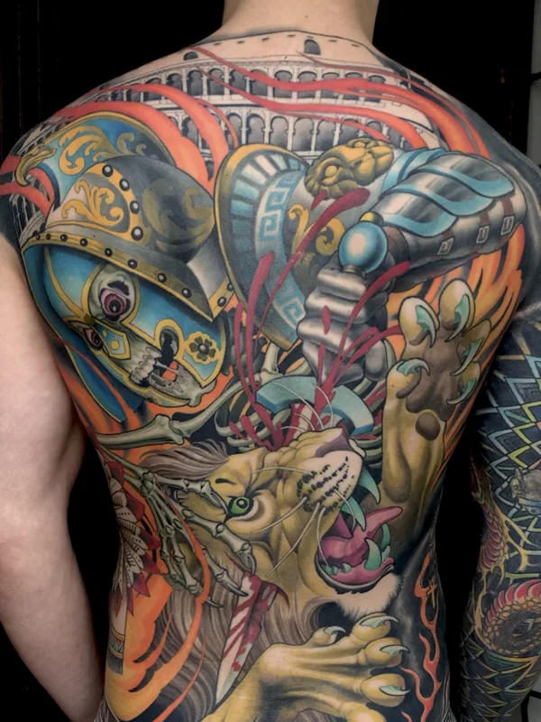 male color neo traditional tattoo auf full back #75744 | Tätowierer Peter Lagergren