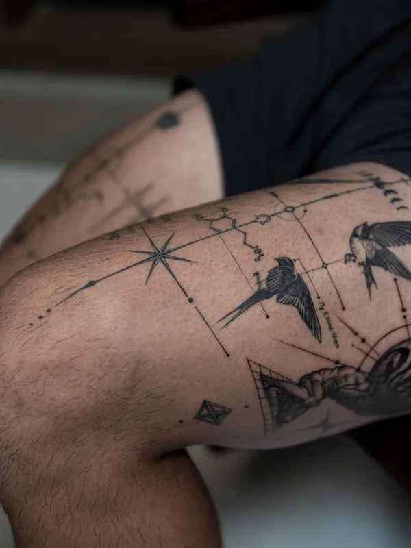 black linework tattoo on thigh #75804 | Tattoo Artist Oscar Akermo