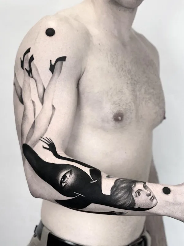 male black and grey surrealism tatouage sur full sleeve #75816 | Artiste tatoueur Matteo Nangeroni