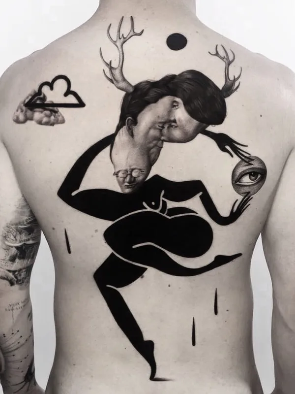 black and grey surrealism tatouage sur full back #75818 | Artiste tatoueur Matteo Nangeroni