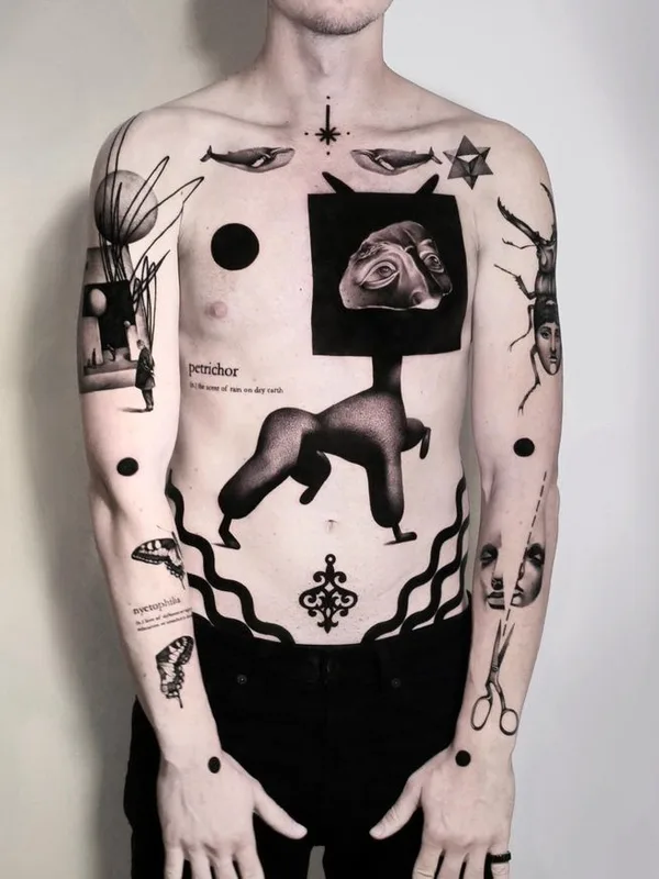 male black and grey surrealism tatouage sur full body #75819 | Artiste tatoueur Matteo Nangeroni