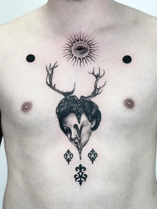 male black and grey blackwork tatouage sur chest #75821 | Artiste tatoueur Matteo Nangeroni