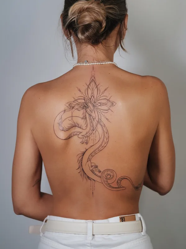female black linework tatuaje en upper back #75884 | Tatuador Ирина Шмаринова
