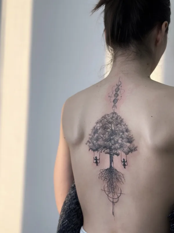 female black and grey linework татуировка на upper back #75997 | Тату мастер Yana VORO