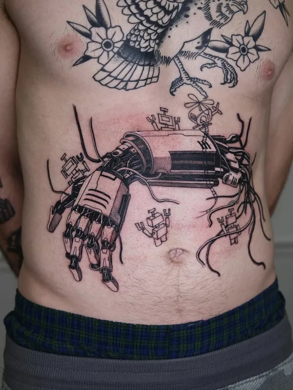 male black and grey biomechanical 타투 부위 stomach #76009 | 타투이스트 PISATCHÉ
