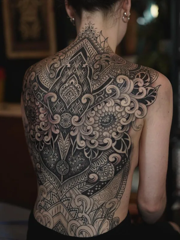 female black and grey ornamental tattoo on full back #76211 | Tattoo Artist Dino De Cesare