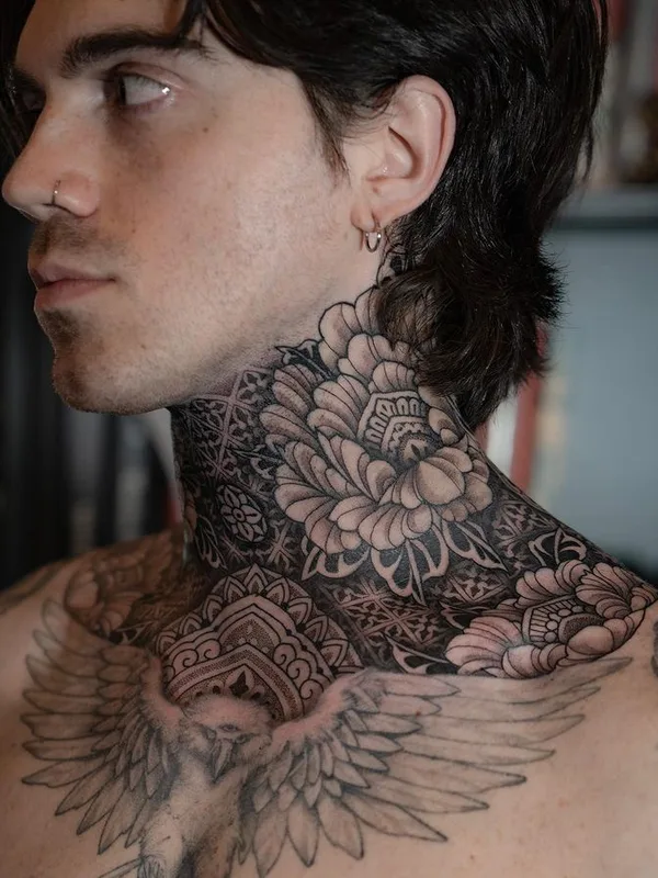 male black and grey blackwork tattoo on neck #76219 | Tattoo Artist Dino De Cesare