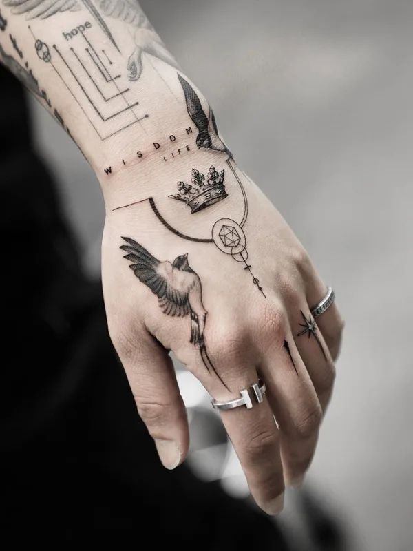 black and grey fineline tattoo on hand #76453 | Tattoo Artist Kid Needle