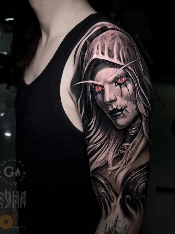 female black and grey realism tatouage sur full sleeve #76480 | Artiste tatoueur Михаил Carnivane