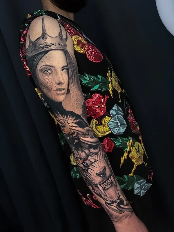 male black and grey realism tatouage sur full sleeve #76481 | Artiste tatoueur Михаил Carnivane