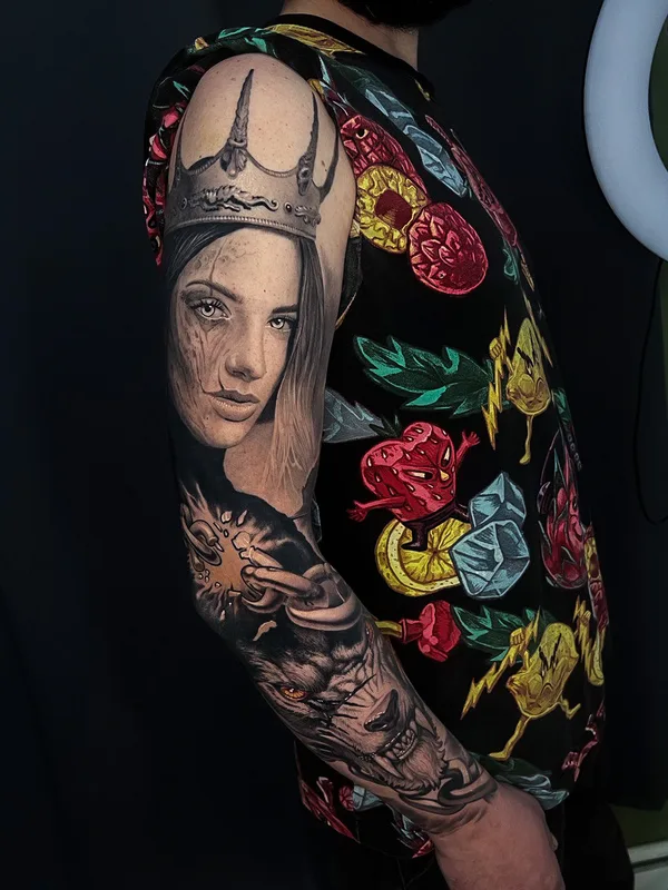 black and grey realism tatouage sur full sleeve #76482 | Artiste tatoueur Михаил Carnivane