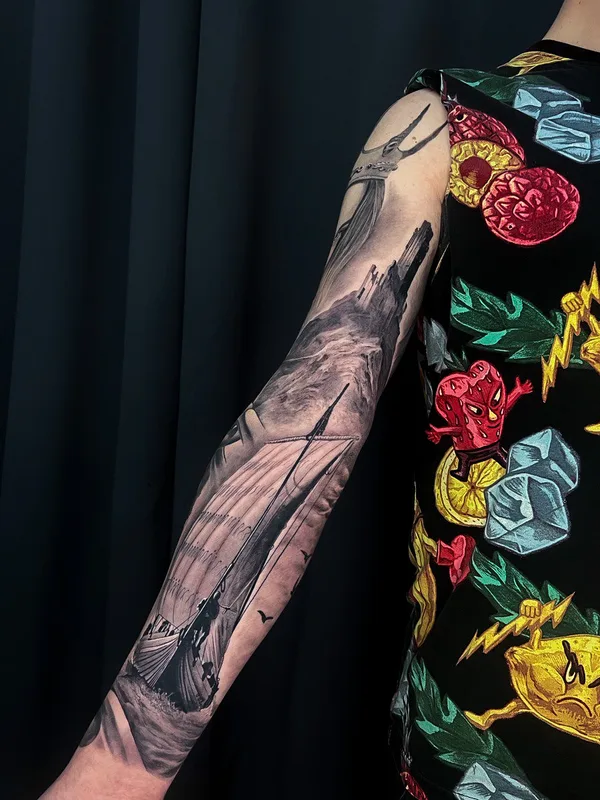black and grey realism tatouage sur full sleeve #76483 | Artiste tatoueur Михаил Carnivane