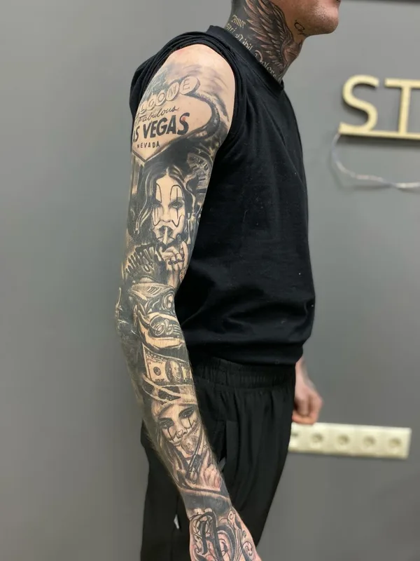 male black and grey chicano татуировка на full sleeve #76515 | Тату мастер Ярик Керножицкий 
