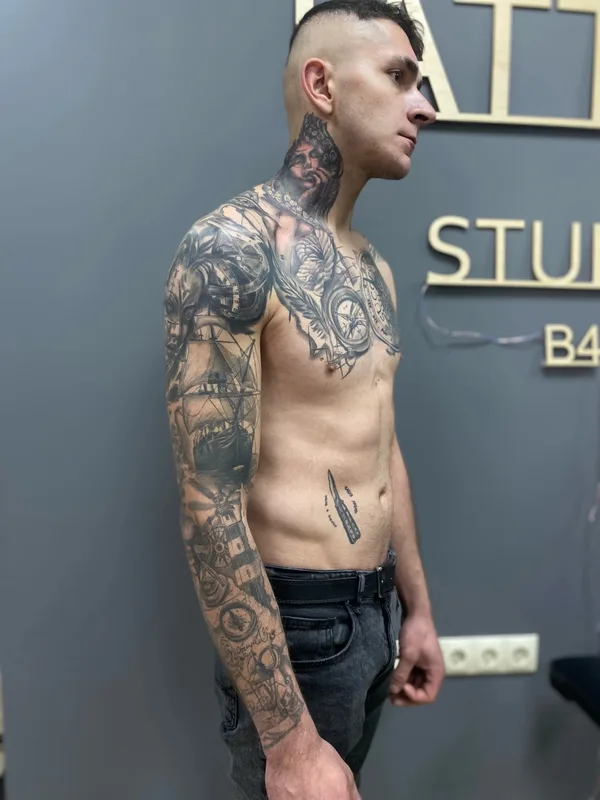 male black and grey realism татуировка на full sleeve #76520 | Тату мастер Ярик Керножицкий 