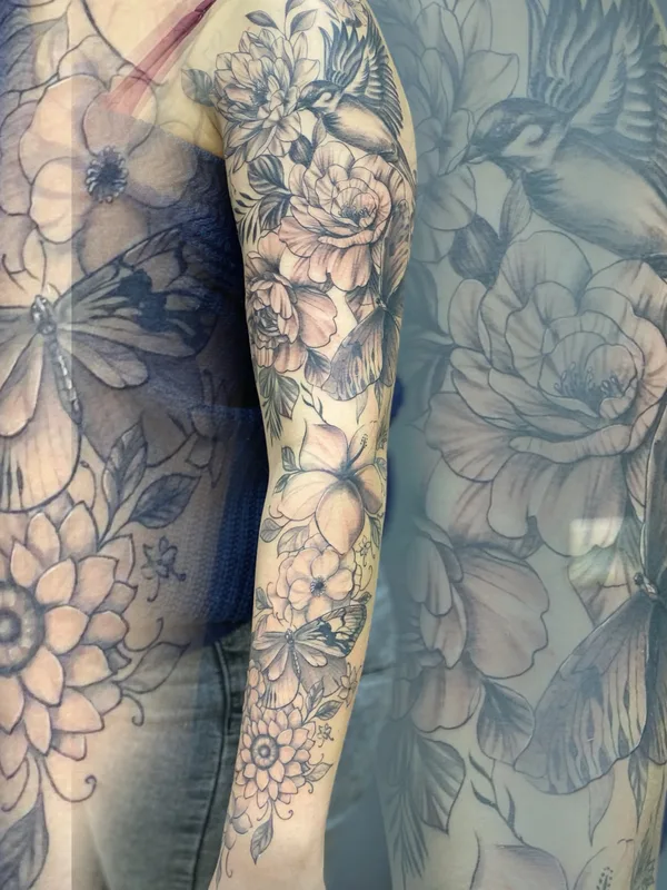 black and grey illustrative татуировка на full sleeve #76524 | Тату мастер Ярик Керножицкий 