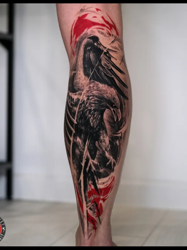 male blackandgrey trashpolka tattoo on calf #76752 | Tattoo Artist Михаил Строгий