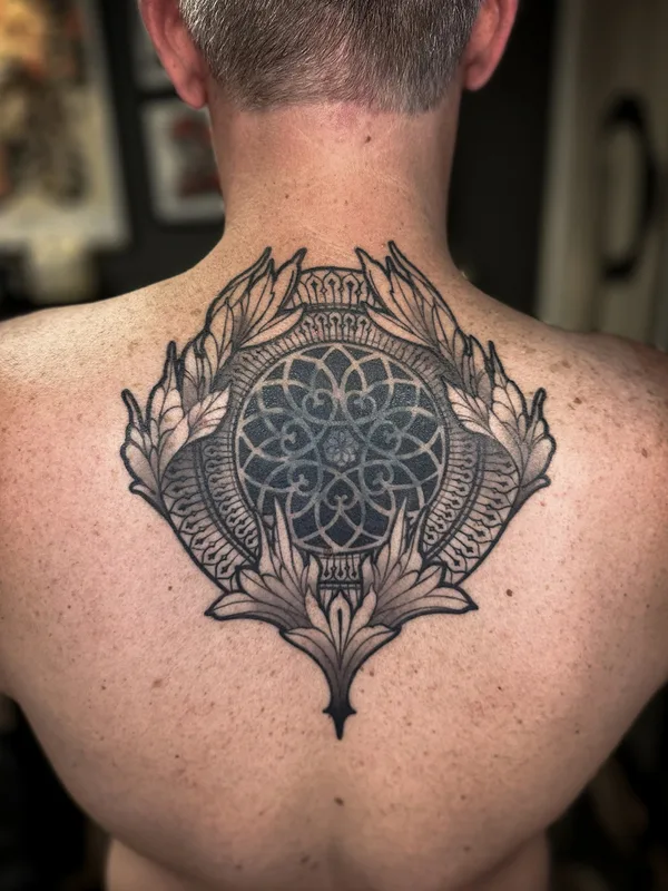black and grey ornamental Tatuaggio su upper back #76760 | Tatuatore Fellipe Romeiro