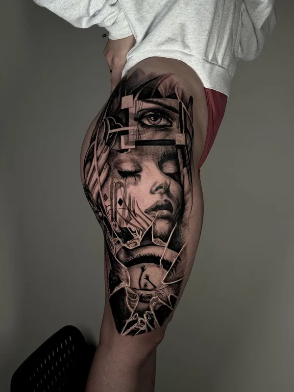 female black and grey realism Tatuaggio su thigh #76786 | Tatuatore Berhan Tabih