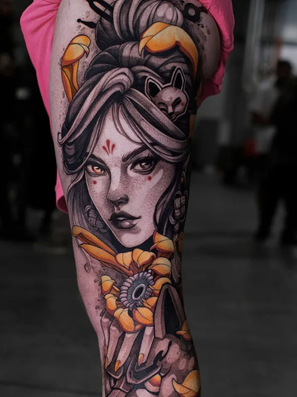 female color illustrative tatuaje en thigh #77580 | Tatuador Илья Сотов