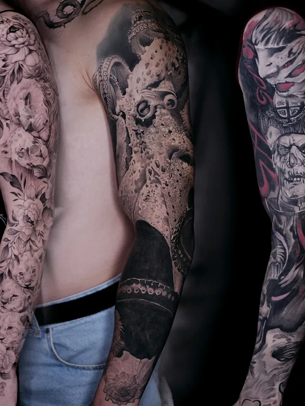 black and grey realism татуировка на full sleeve #77660 | Тату мастер Константин Киндяков