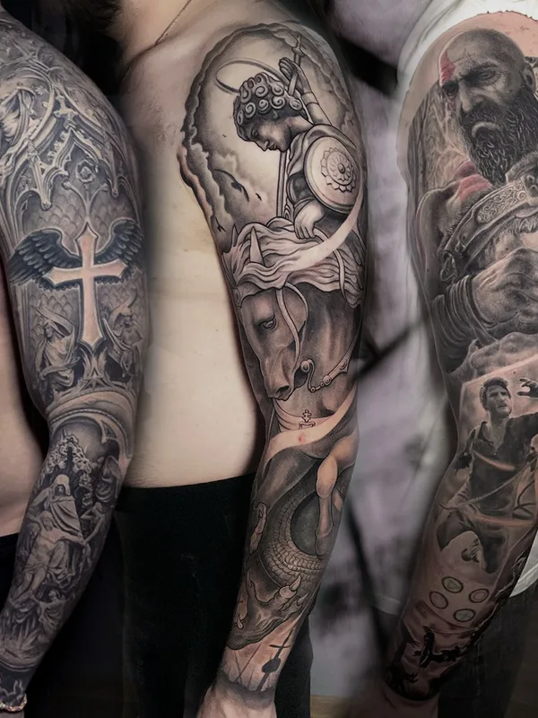 male black and grey realism татуировка на full sleeve #77661 | Тату мастер Константин Киндяков