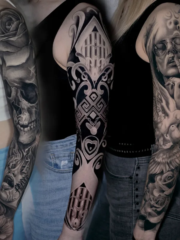 female black and grey black and grey татуировка на full sleeve #77662 | Тату мастер Константин Киндяков