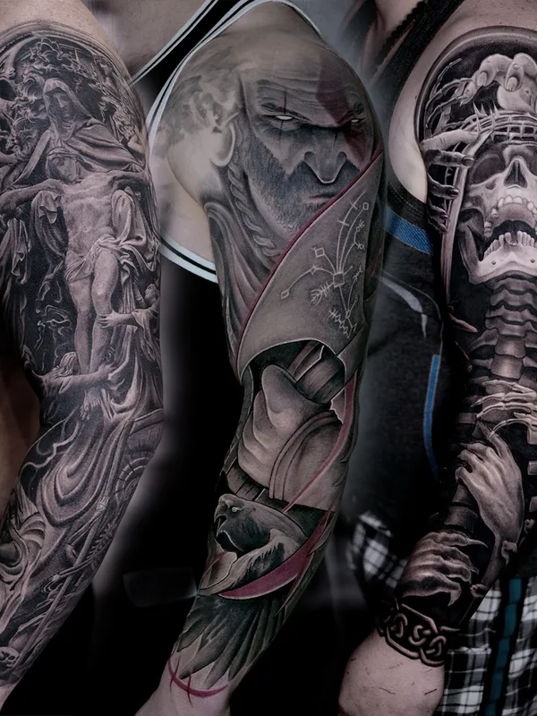 male black and grey realism татуировка на full sleeve #77664 | Тату мастер Константин Киндяков