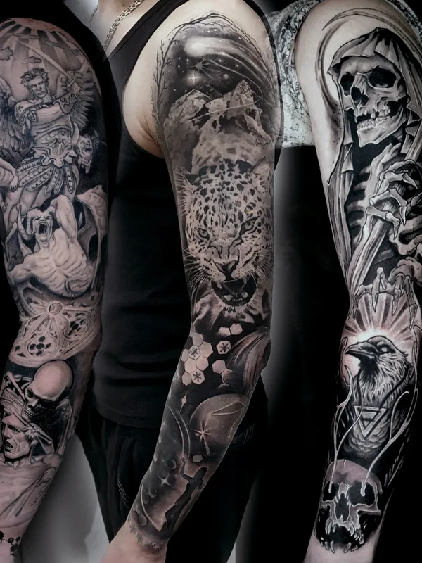 black and grey black and grey татуировка на full sleeve #77665 | Тату мастер Константин Киндяков